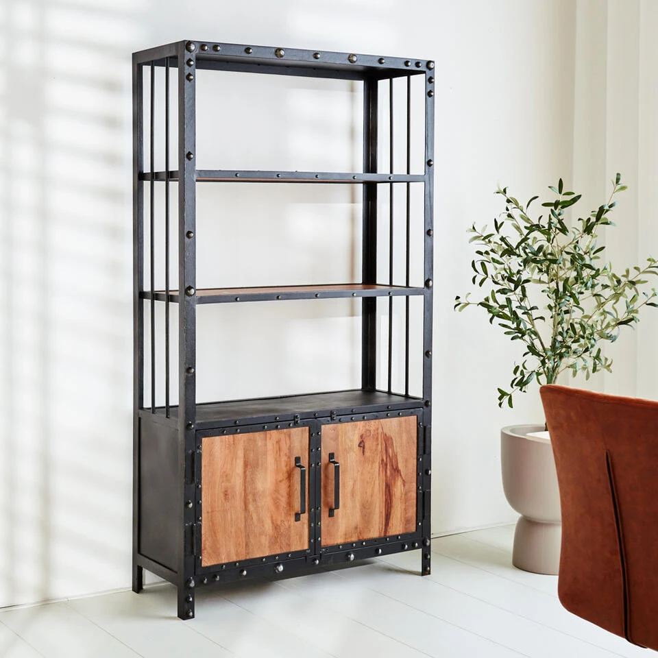 Industriële Wandkast Chase 180x100 Cm - 35x100x180 Cm - Mangohout - Bruin - Afbeelding 2