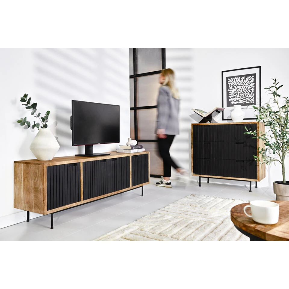 Industrieel TV-meubel Felix 4-deurs Zwart Mangohout 40x160x55 Cm Mangohout - Afbeelding 4