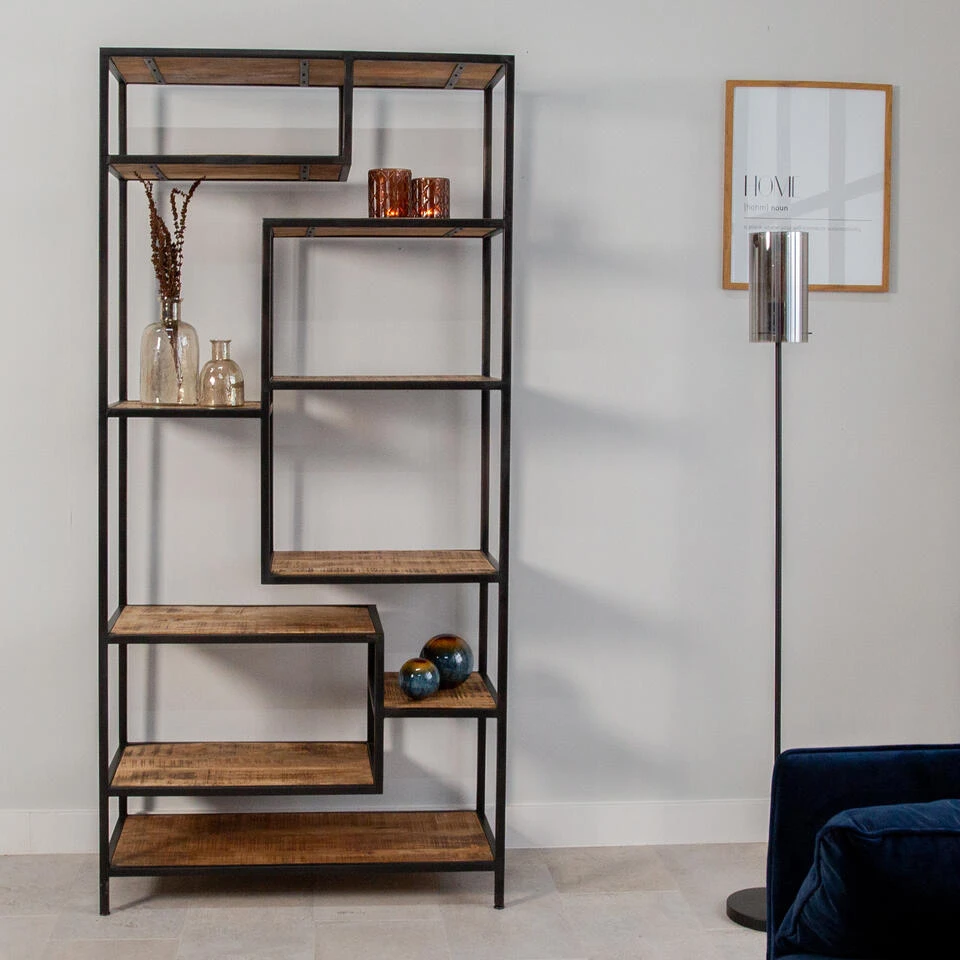 Industriële Boekenkast Phyllon Metaal Met Hout 42x92x193 Cm Mangohout - Afbeelding 4
