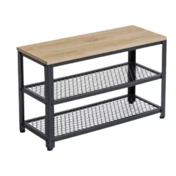 ACAZA Stevig Schoenenrek - Zwart Frame En Bankje In Lichte Eik - 73x30x45cm