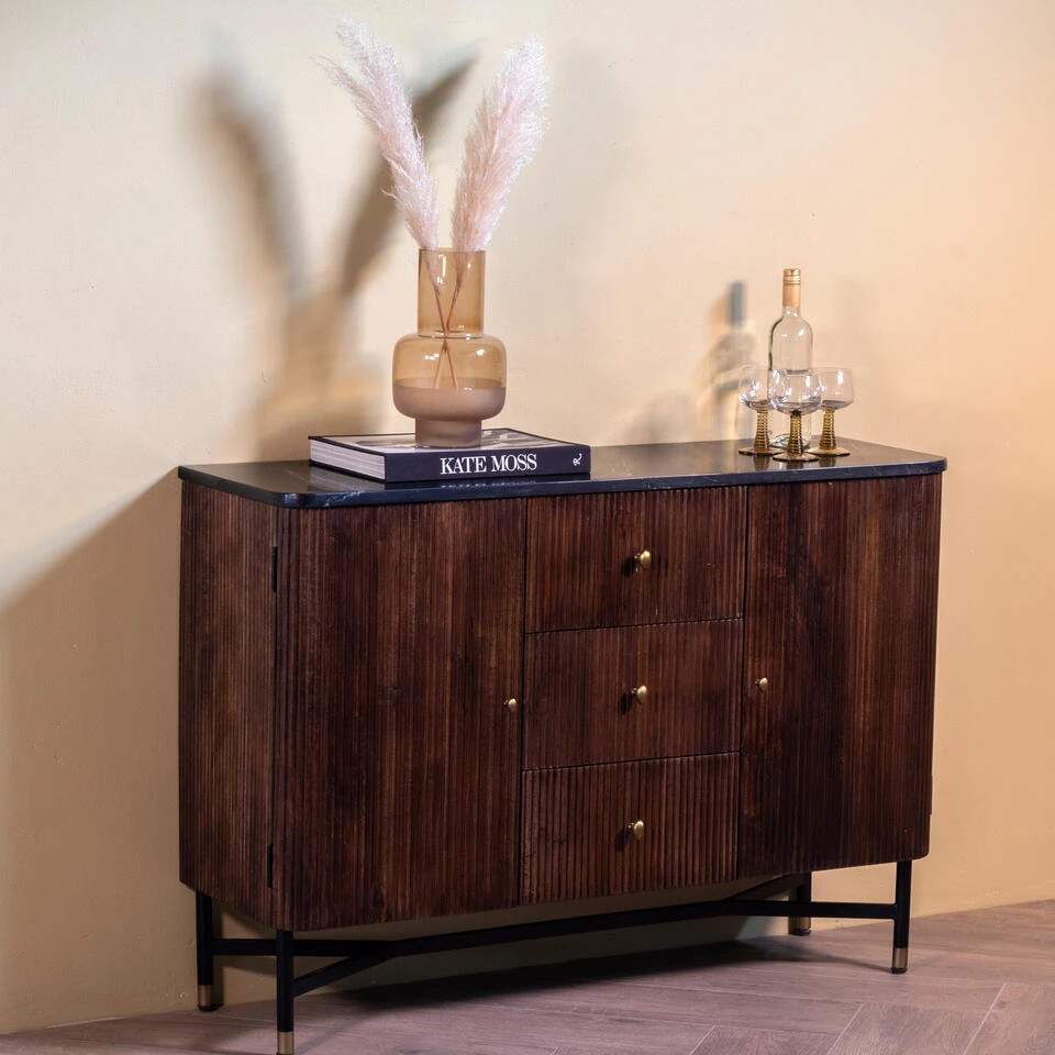 Giga Meubel Dressoir Bruin Mangohout - Zwart Marmer - 120cm - Japandi - Afbeelding 3