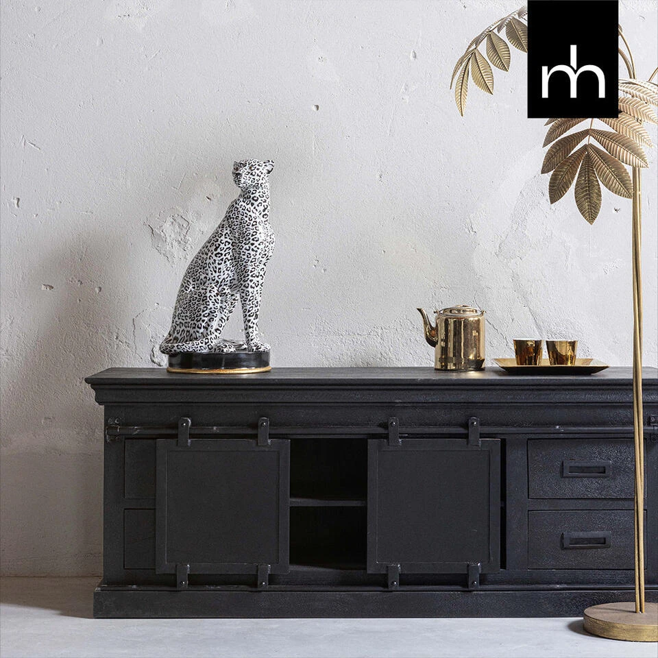 TV Meubel Portland Black 200cm - Mangohout - Zwart - Rechthoekig - Afbeelding 2