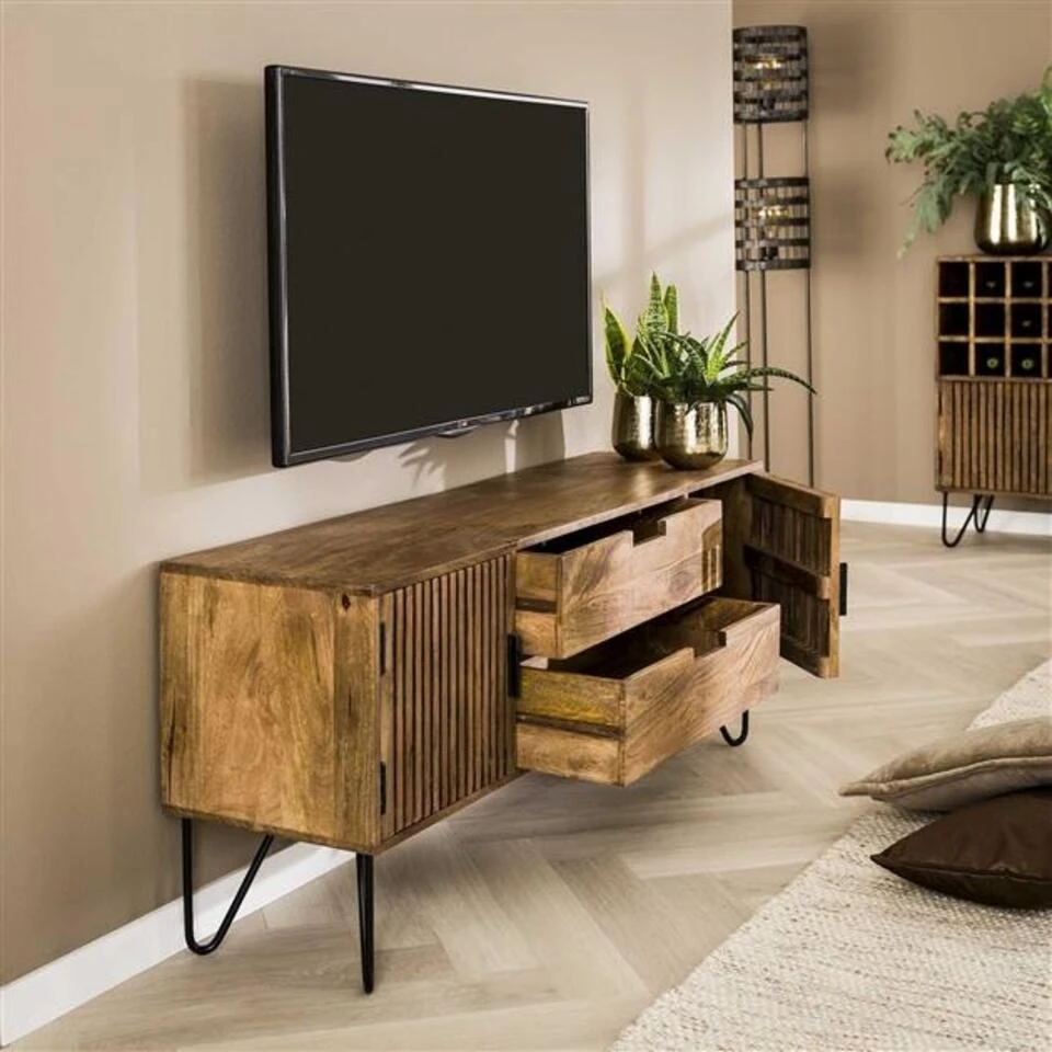 Industrieel TV-meubel Tory Mangohout - 135x135x55 Cm - Mangohout - Bruin - Afbeelding 2