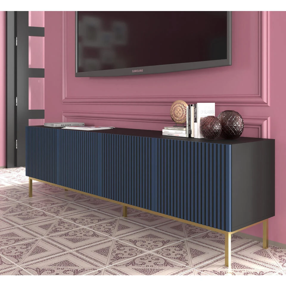 TV Meubel Ravenna F Painted MDF 58x200x42 Blauw/Goud - Afbeelding 3