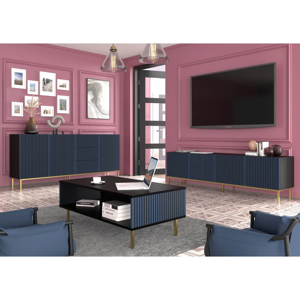 TV Meubel Ravenna F Painted MDF 58x200x42 Blauw/Goud - Afbeelding 4