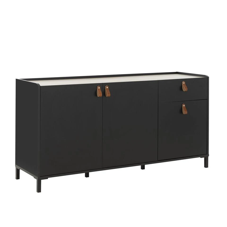 Diagone Dressoir Amsterdam - Zwart - Bruin Leren Handvatten - Afbeelding 4