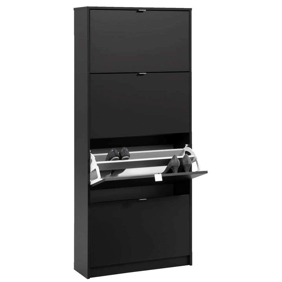 Schoenenkast Hamburg 4 Kleppen - Zwart - 162x70,3x24 Cm - Afbeelding 3