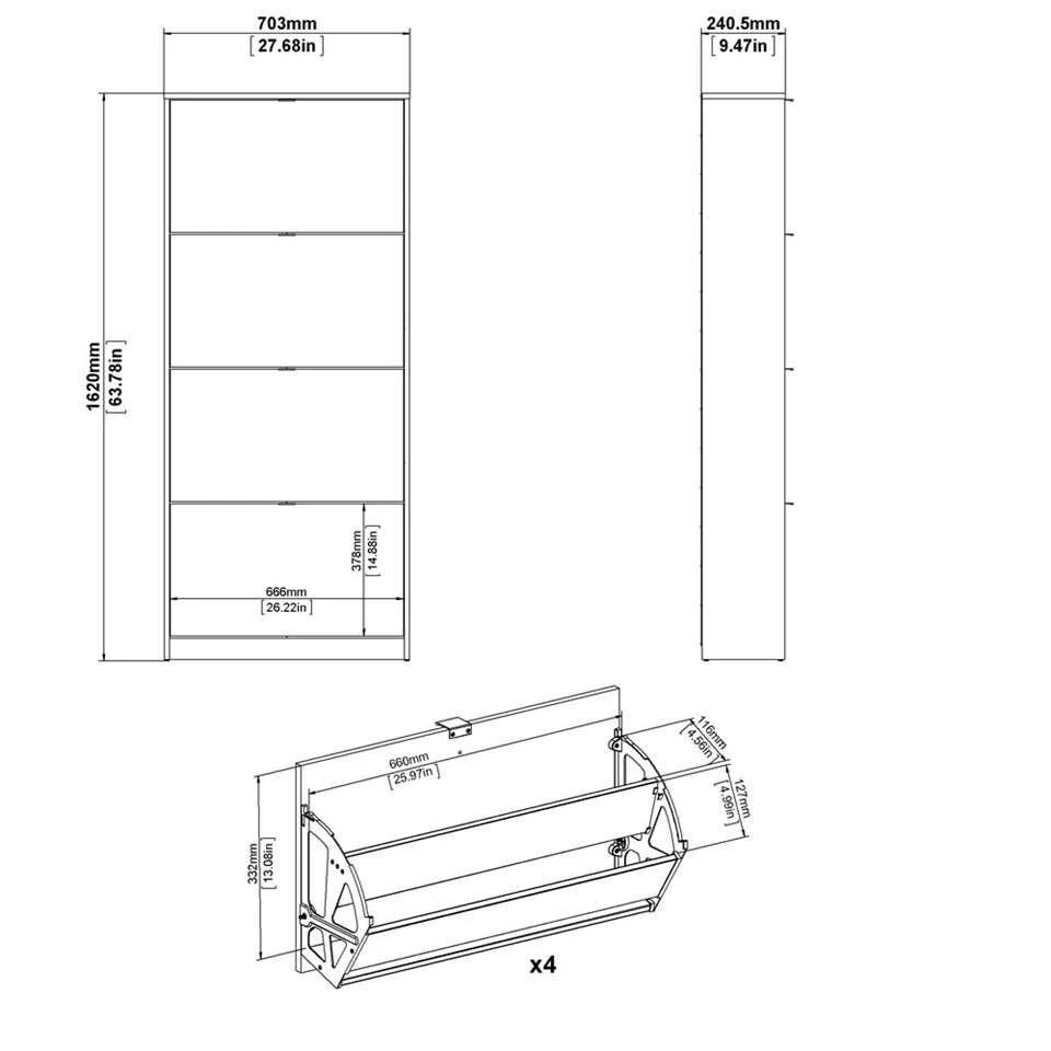 Schoenenkast Hamburg 4 Kleppen - Zwart - 162x70,3x24 Cm - Afbeelding 4
