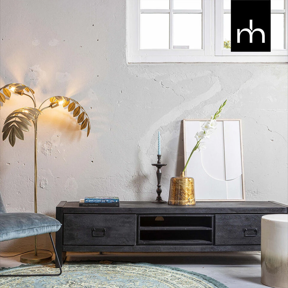 TV Meubel Stockton Black 180cm - Mangohout - Zwart - Rechthoekig - Afbeelding 2