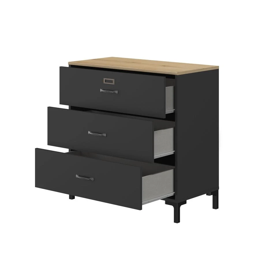 Diagone Ladekast Manchester - 3 Laden - 82cm Hoog - Zwart/eikenkleur - Afbeelding 4