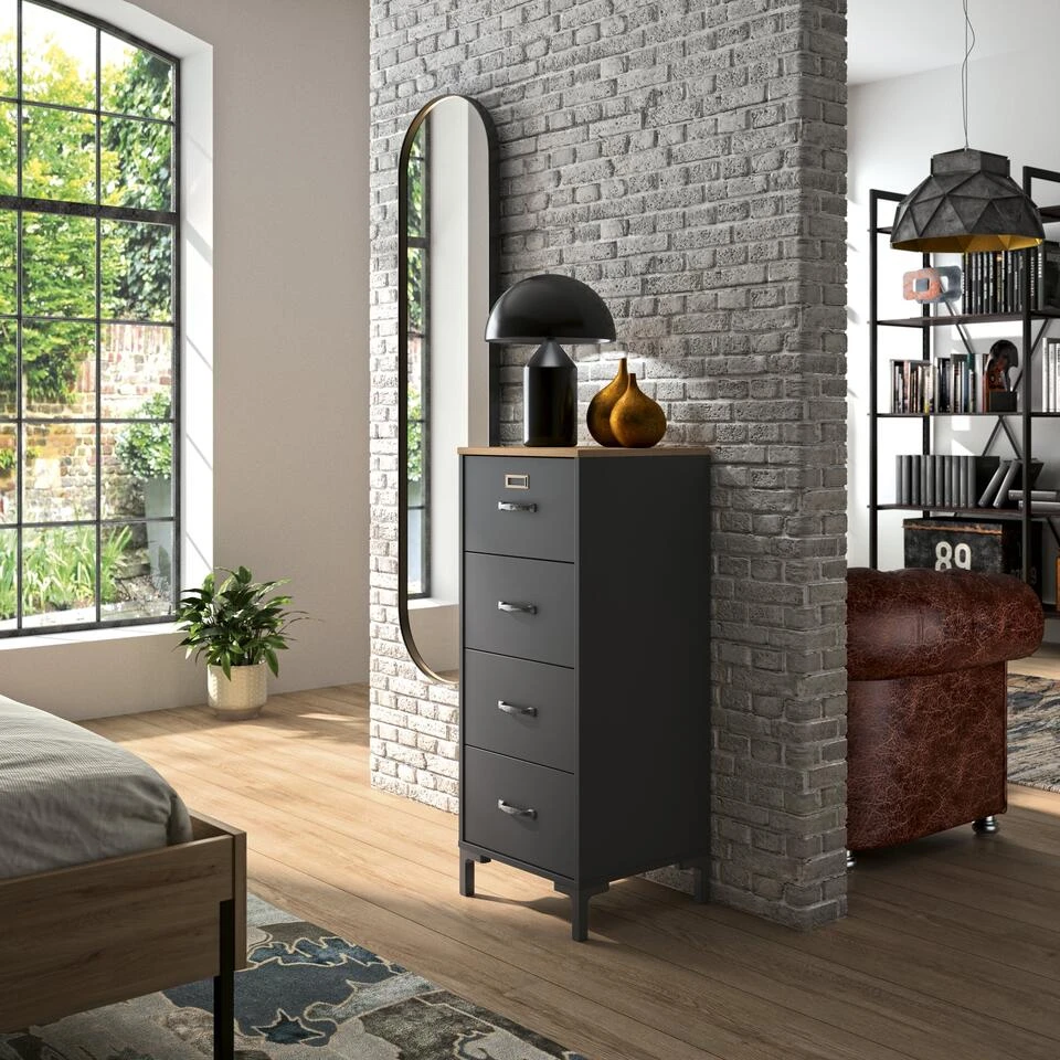 Diagone Ladekast Manchester - 4 Laden - 104cm Hoog- Zwart/eikenkleur - Afbeelding 2