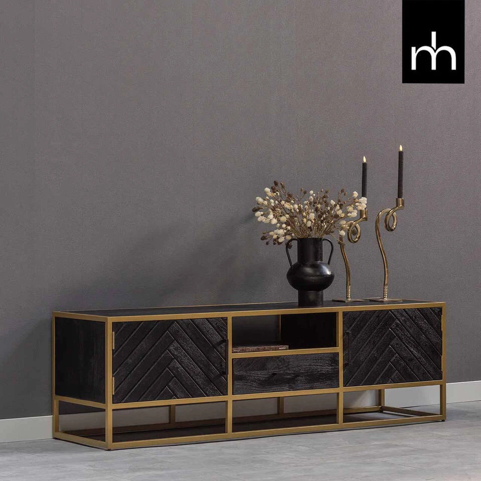 TV Meubel Napels 210cm Goud - Mangohout - Bruin - Rechthoekig - Afbeelding 2